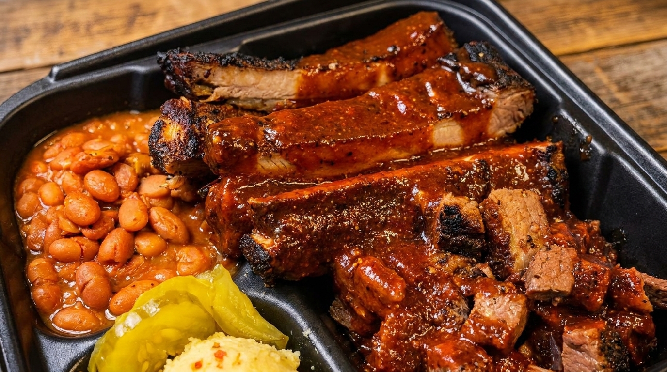 A black tray of BBQ ribs and brisket with baked beans, pickles, and mashed potatoes.
