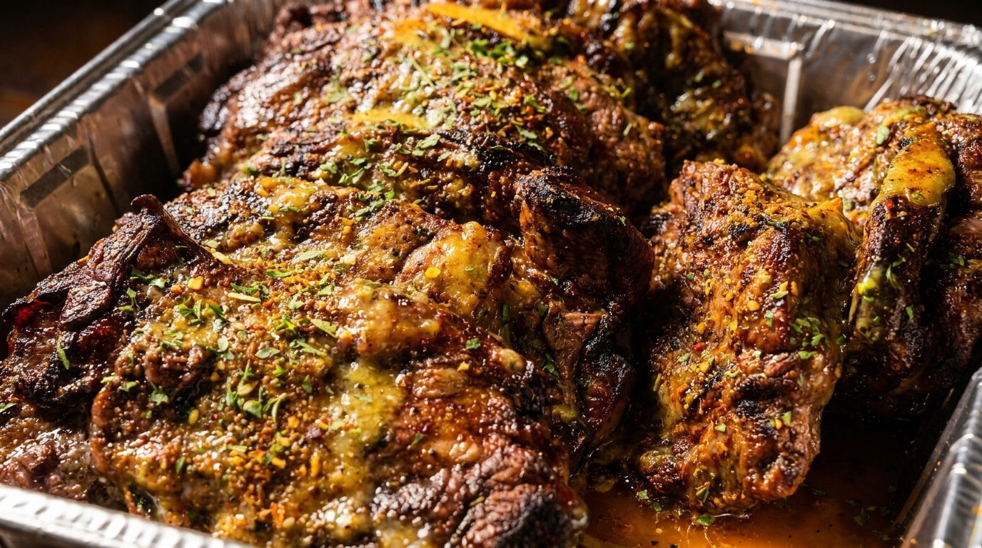 Close-up of grilled ribs in a foil pan, glistening with sauce and sprinkled with herbs.