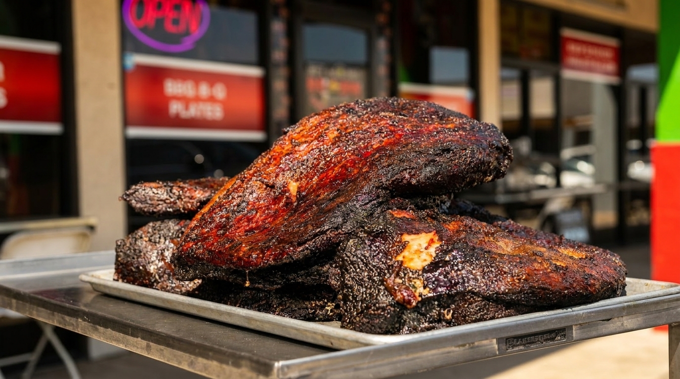 Large, dark, smoked briskets piled on a metal tray outside a BBQ restaurant with an "OPEN" sign.