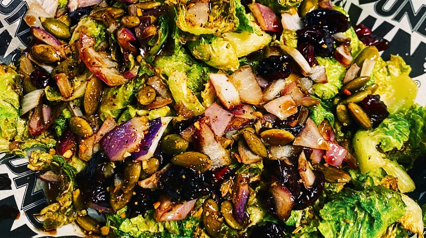 Close-up of roasted Brussels sprouts with red onions, dried cranberries, and pumpkin seeds.