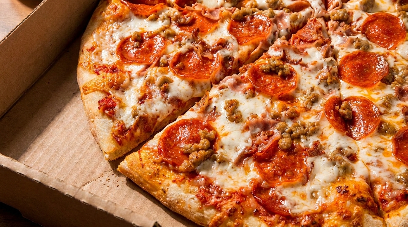 Close-up of a pepperoni and sausage pizza with melted cheese in a cardboard delivery box.
