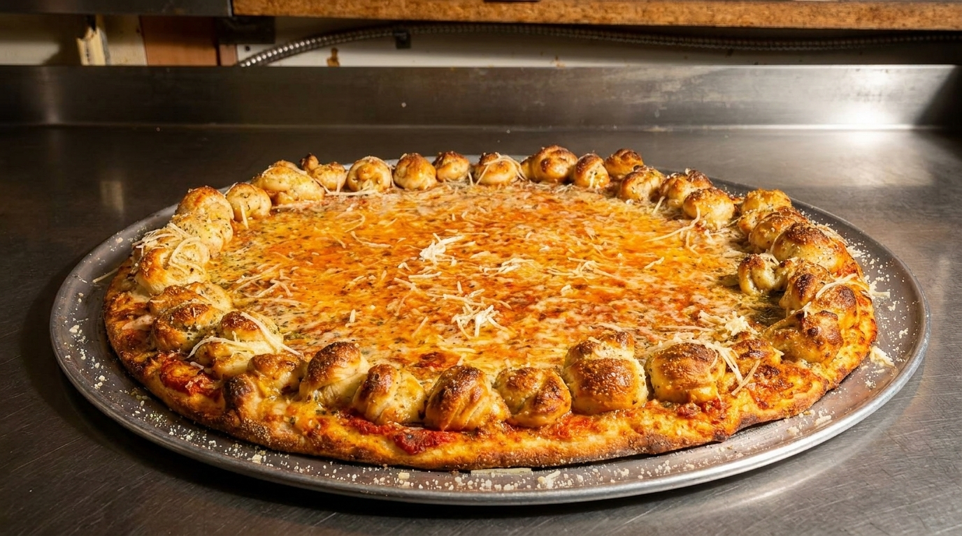 A large cheese pizza with a garlic knot crust sits on a metal tray.