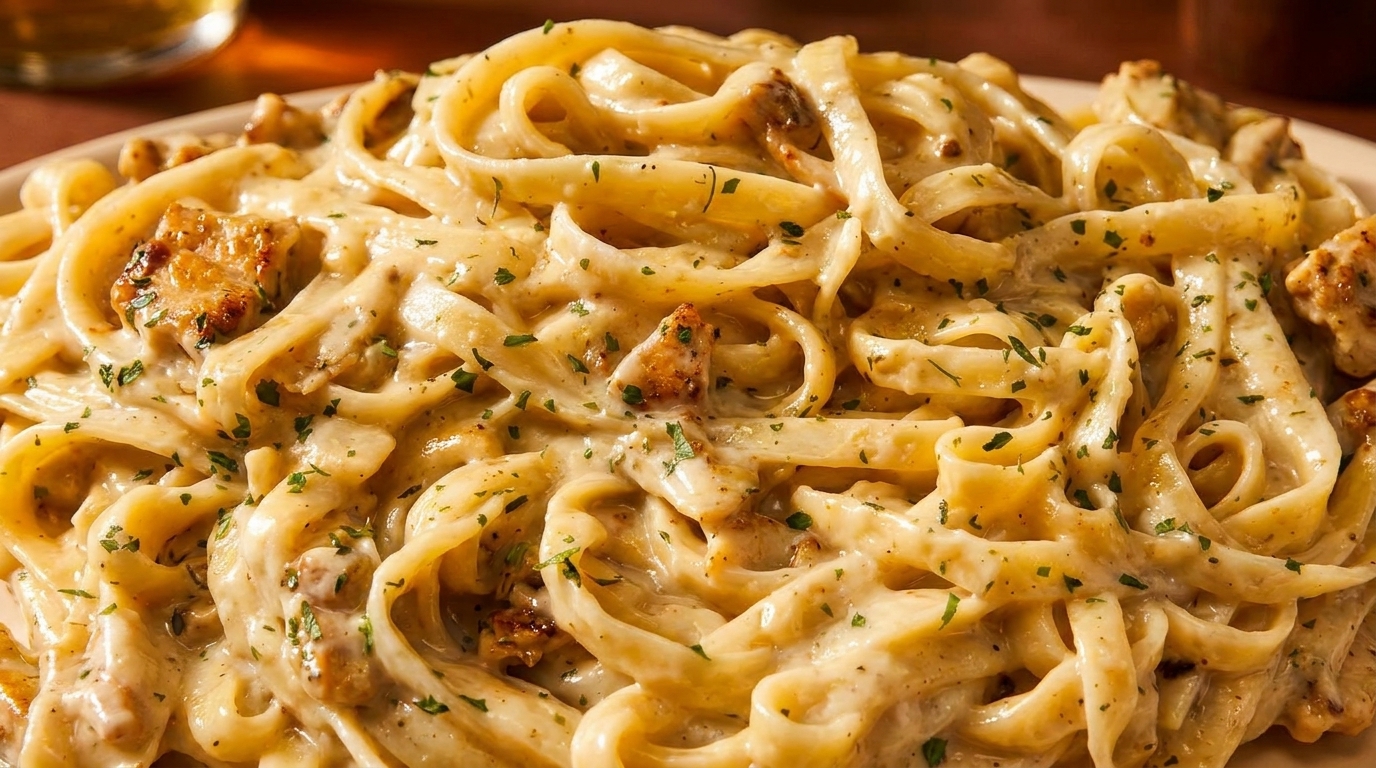 Creamy fettuccine alfredo with chicken and parsley, close-up.