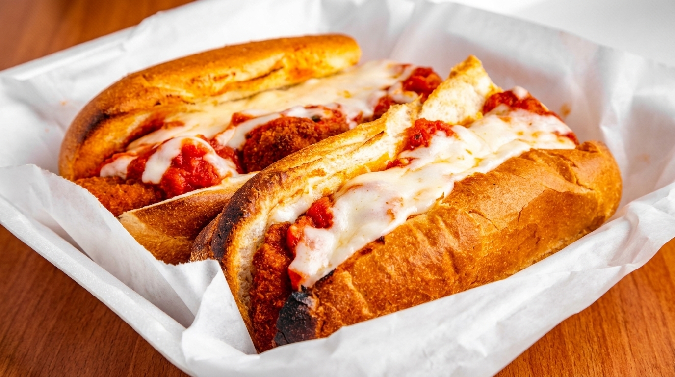 Two meatball parmesan hero sandwiches with melted cheese and marinara sauce in a white paper-lined basket.