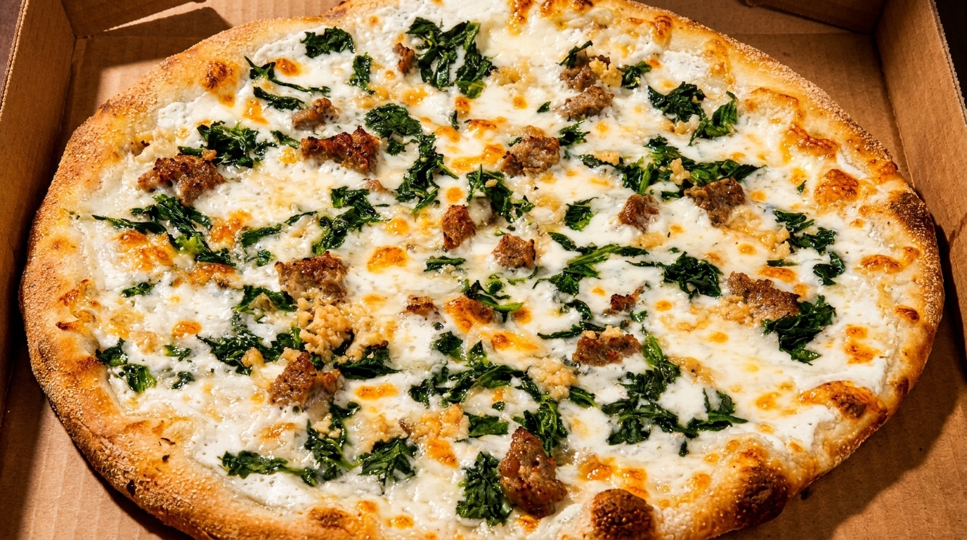White pizza with spinach, sausage, and ricotta cheese in a cardboard delivery box.