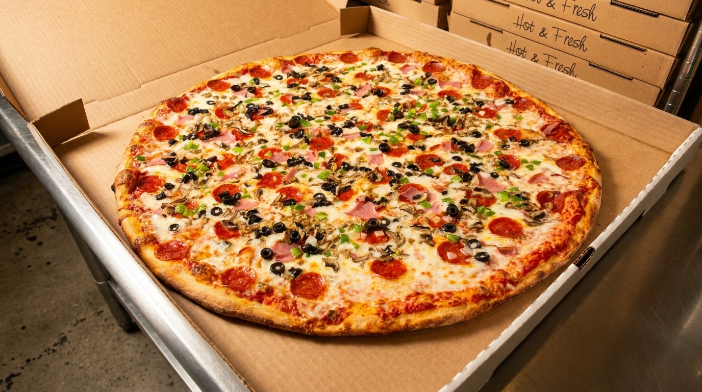 A large, hot pizza with pepperoni, ham, olives, mushrooms, and green peppers in a cardboard box.