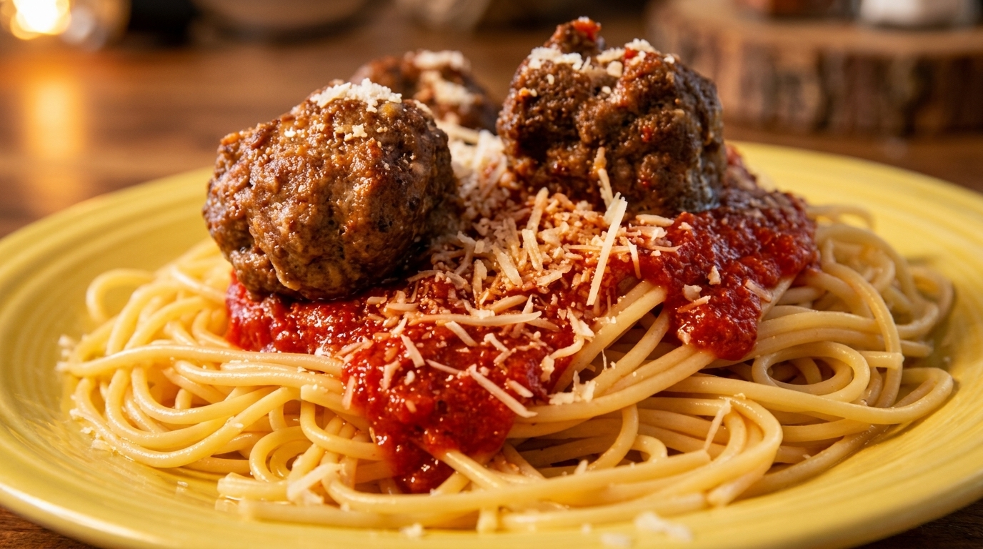 Spaghetti with meatballs, marinara sauce, and grated Parmesan cheese on a yellow plate.