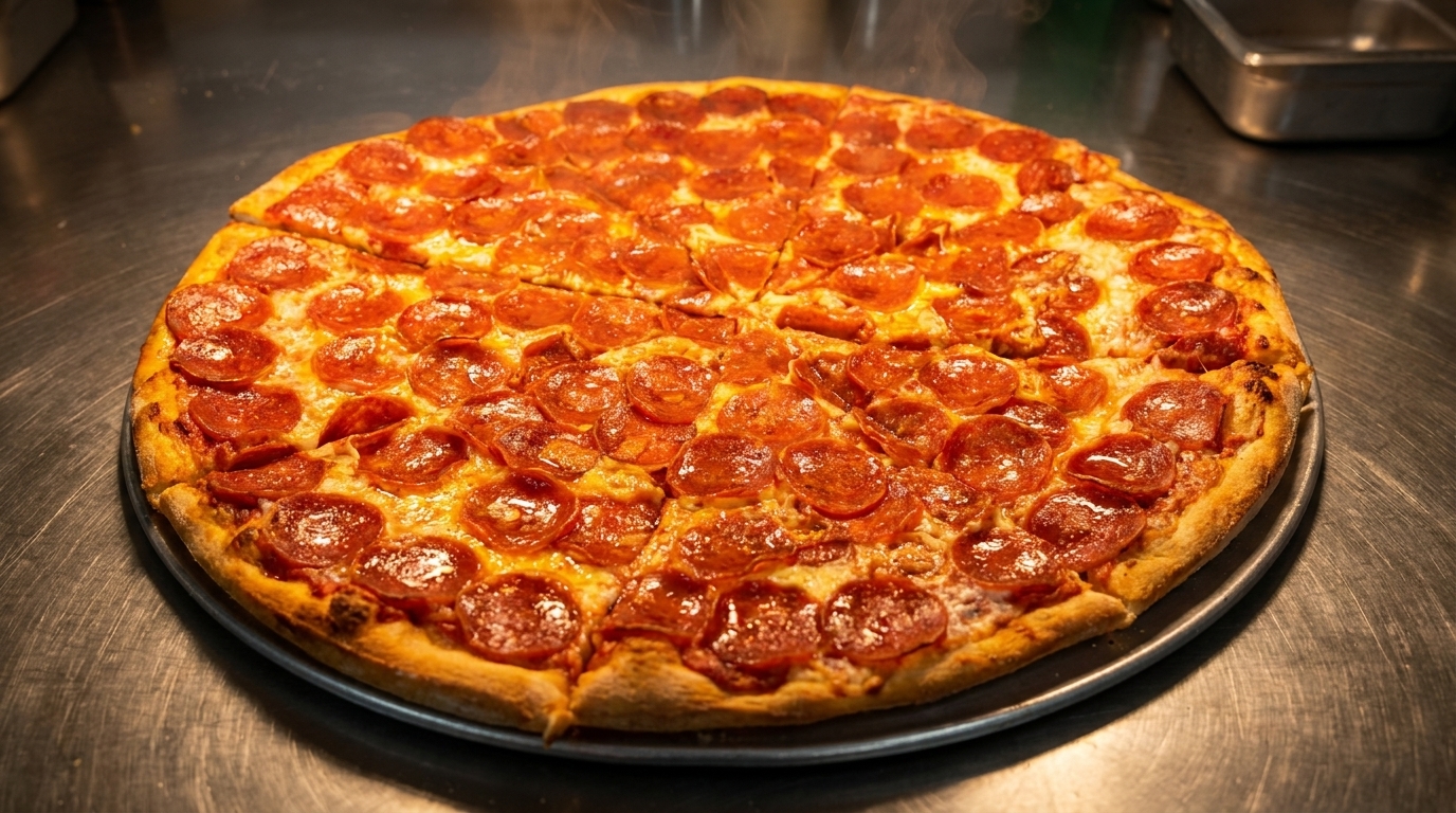 Steaming hot pepperoni pizza, freshly sliced and ready to eat on a metal tray.