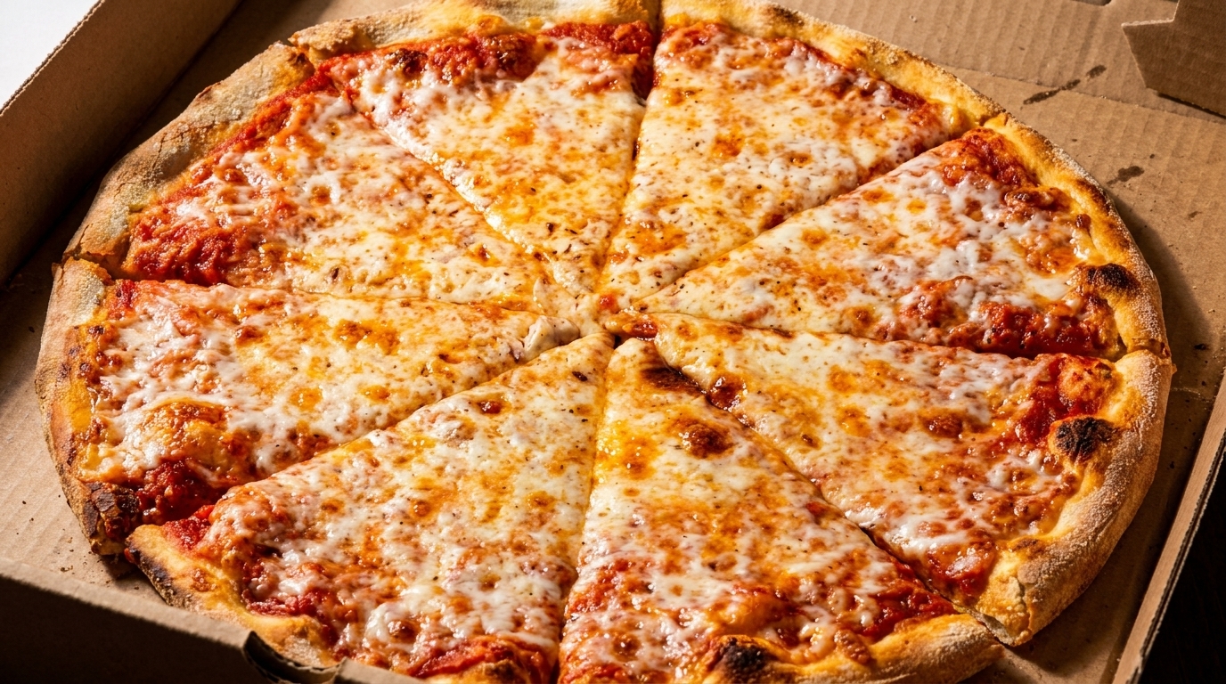 A whole cheese pizza, cut into eight slices, sits inside a cardboard delivery box.
