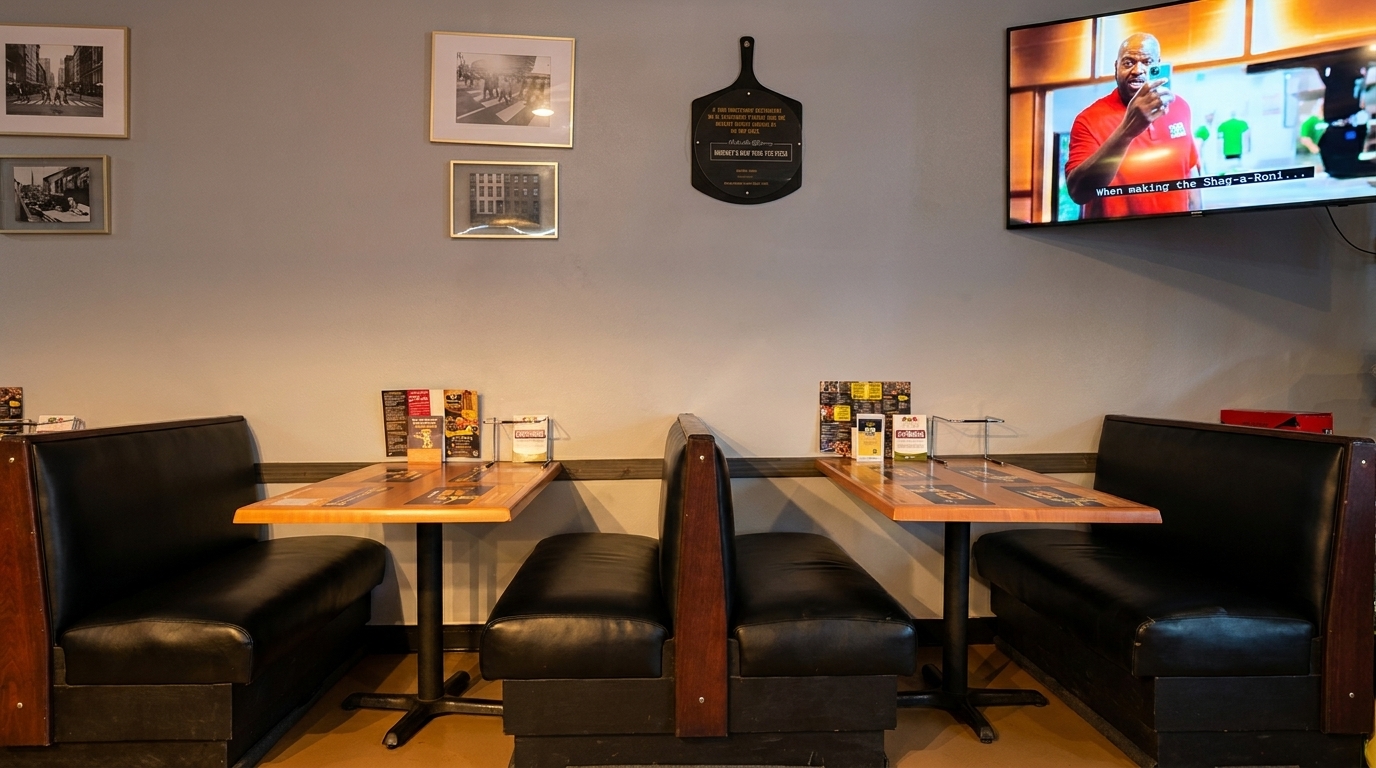 Restaurant interior with black booths, wooden tables, wall art, and a TV showing a man.
