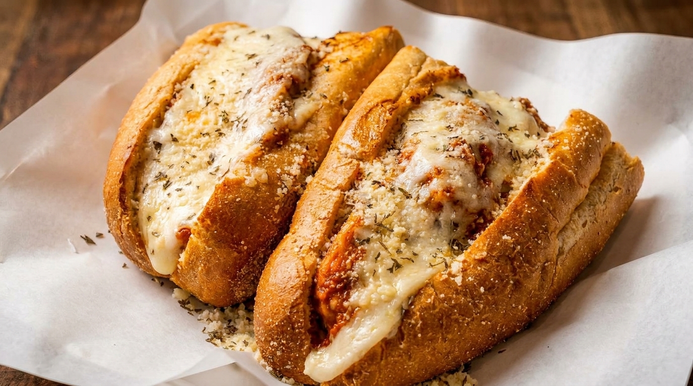 Two meatball subs with melted mozzarella cheese and herbs on white parchment paper.