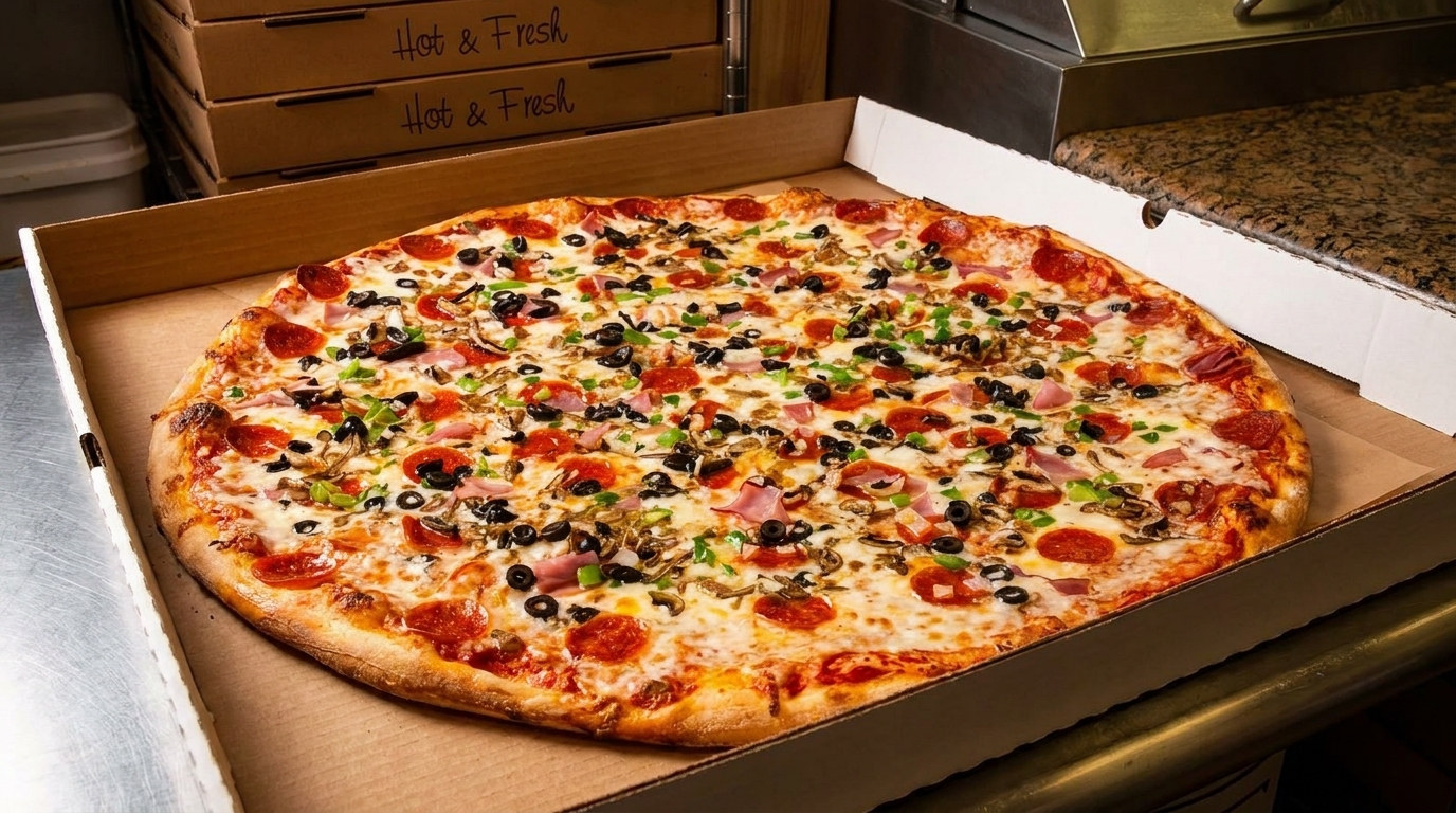 A large, hot, fresh supreme pizza with pepperoni, ham, olives, and peppers in a box.