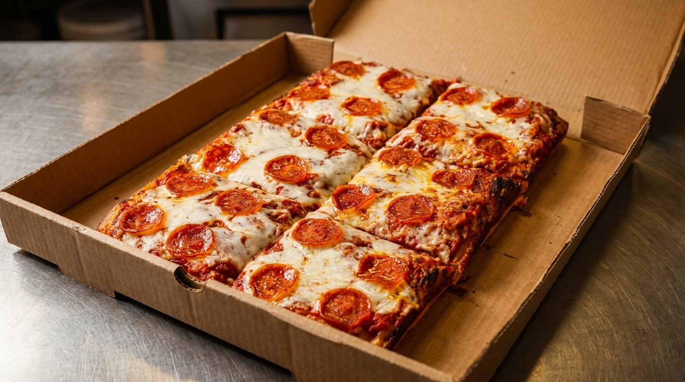 Rectangular pepperoni pizza slices with melted cheese and sauce in a cardboard box on a metal surface.