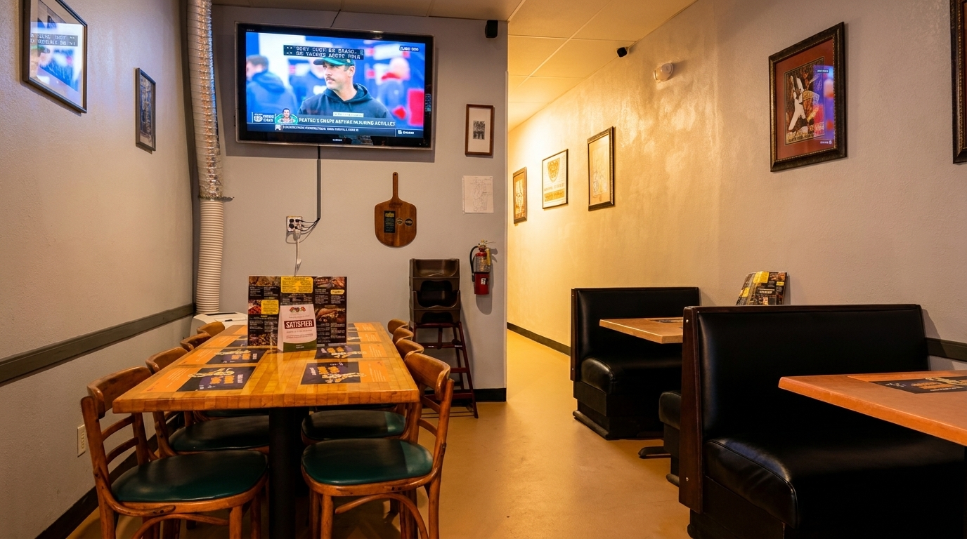 Restaurant interior with a long wooden table, black booths, and a TV showing sports.