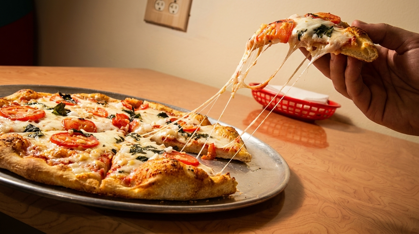 Hand pulling a cheesy slice of Margherita pizza with tomatoes and basil from a whole pizza.