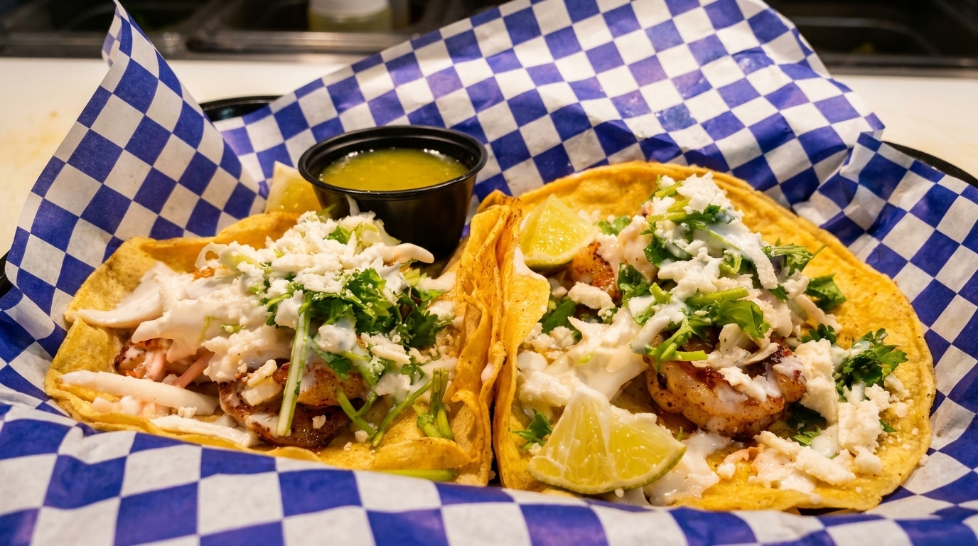 Two shrimp tacos with cilantro, cheese, and lime, served with green salsa in a blue checkered basket.