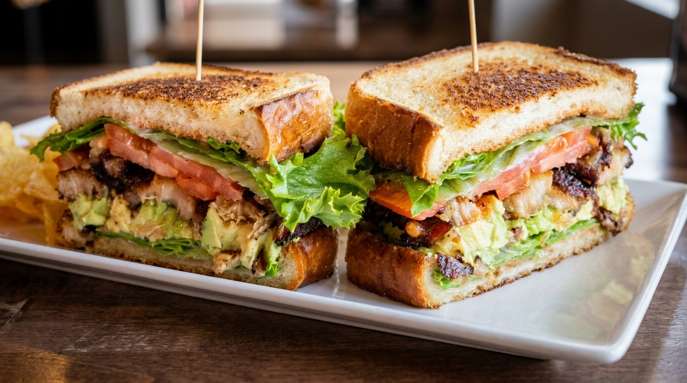 Two halves of a grilled chicken, avocado, lettuce, and tomato sandwich with chips on a white plate.