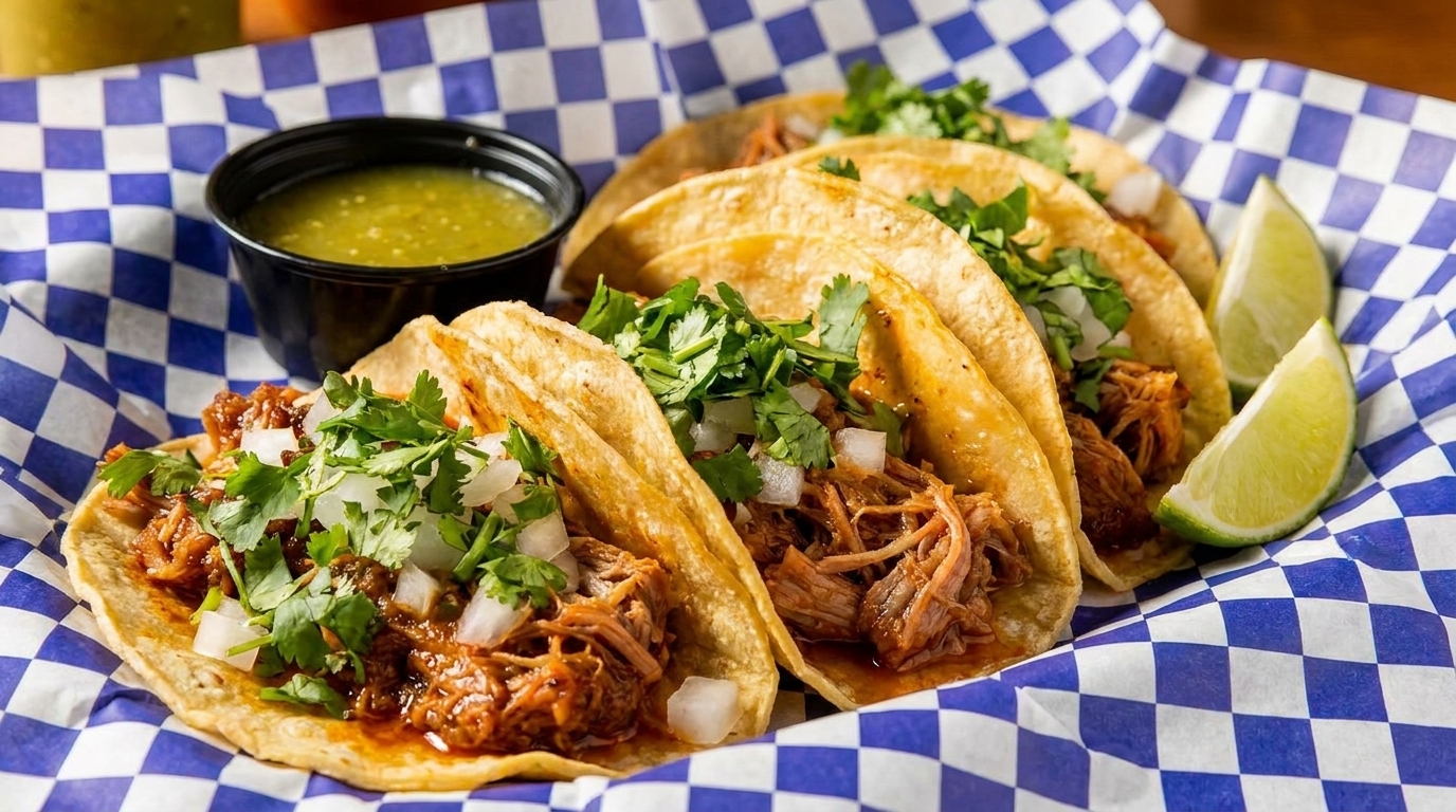 Four street tacos with shredded meat, cilantro, and onions, served with salsa verde and lime wedges.