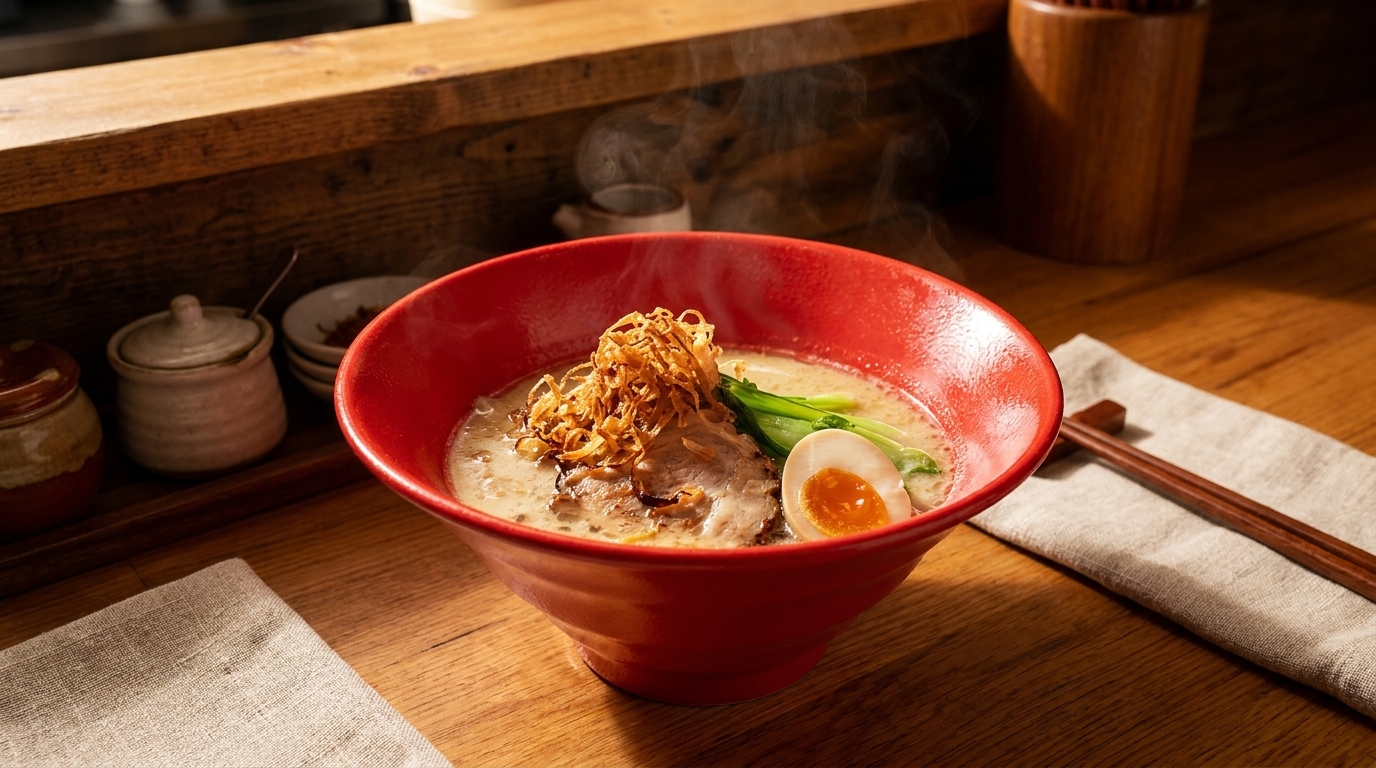 Steaming bowl of ramen with pork, egg, bok choy, and crispy onions on a wooden counter.