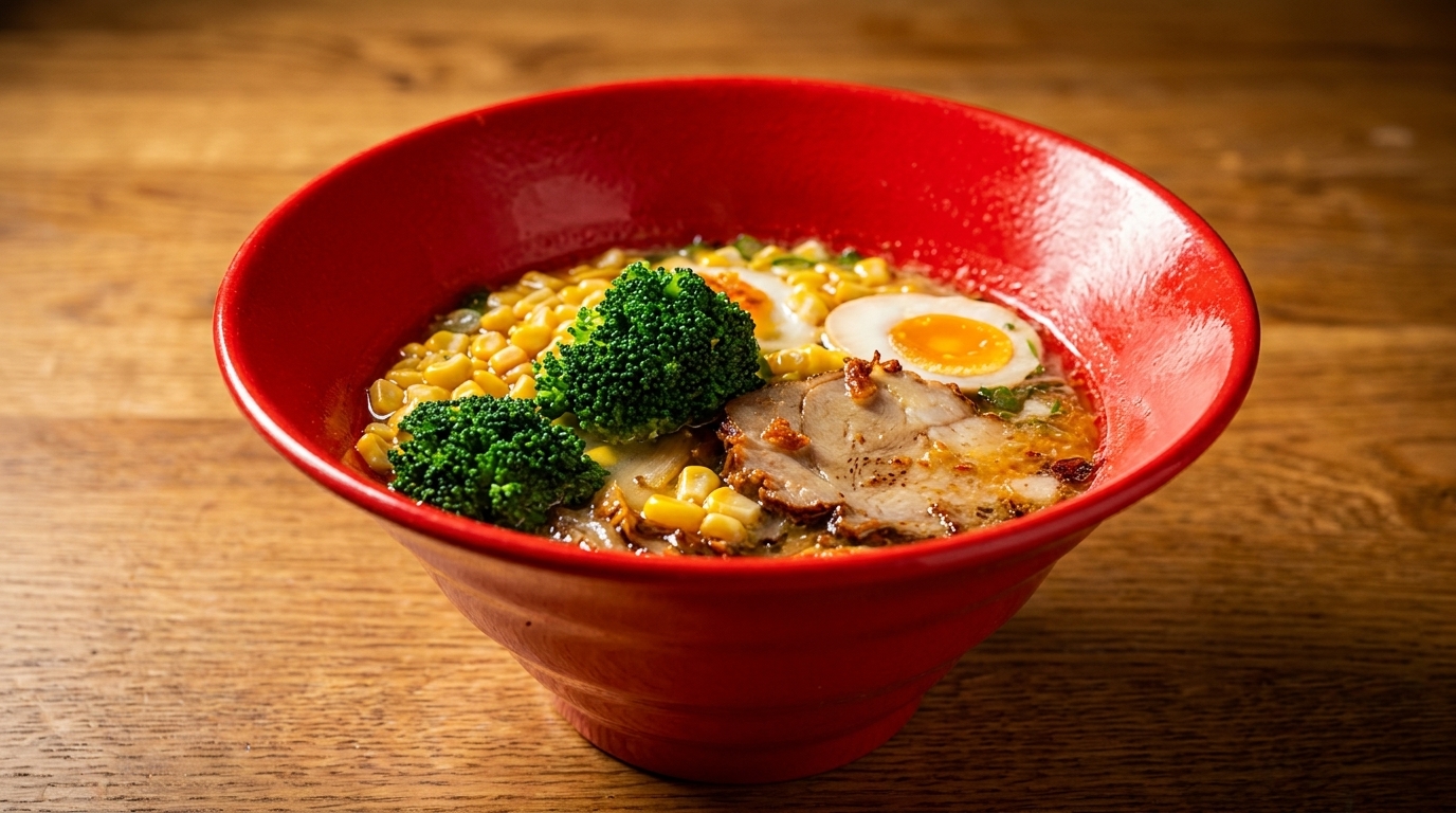 Ramen in a red bowl with pork, broccoli, corn, and a soft-boiled egg.