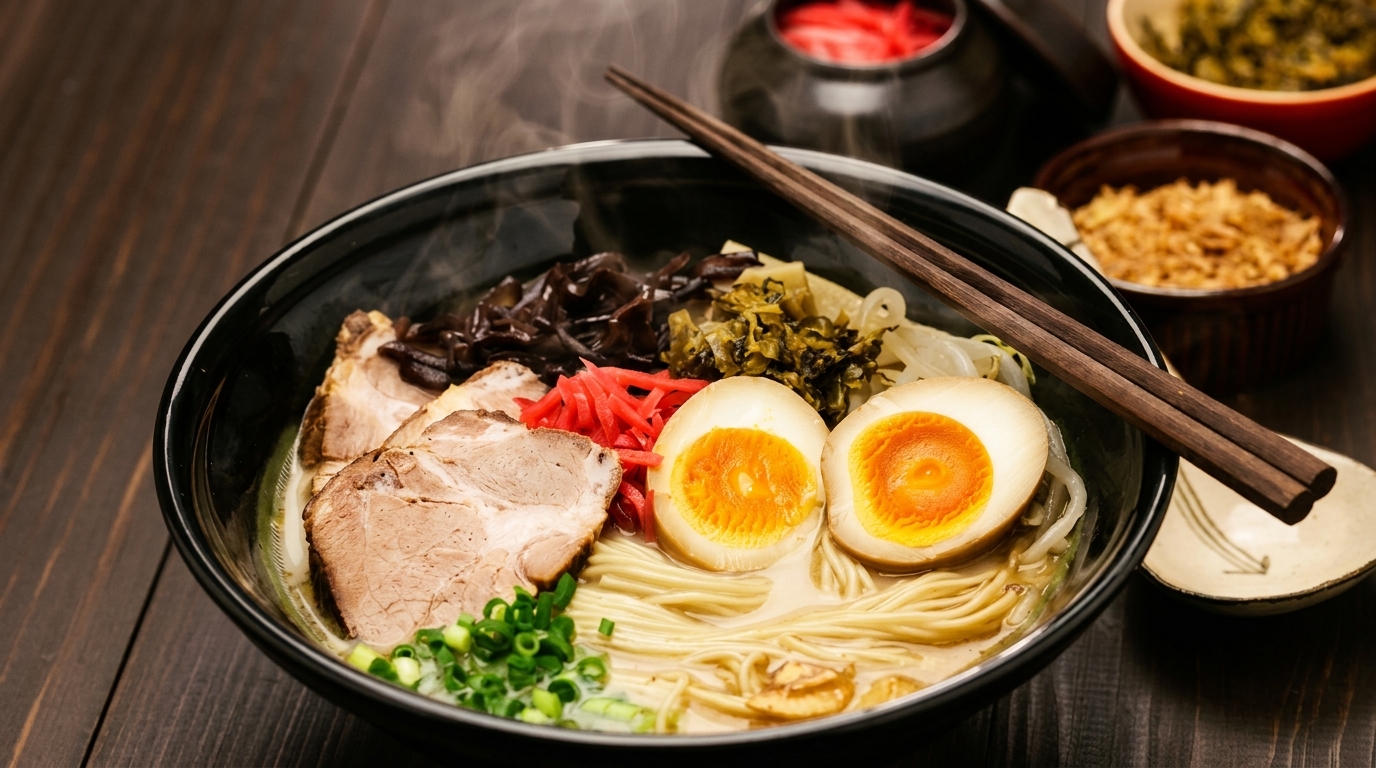 Steaming bowl of ramen with pork, eggs, noodles, and various toppings on a dark wooden table.