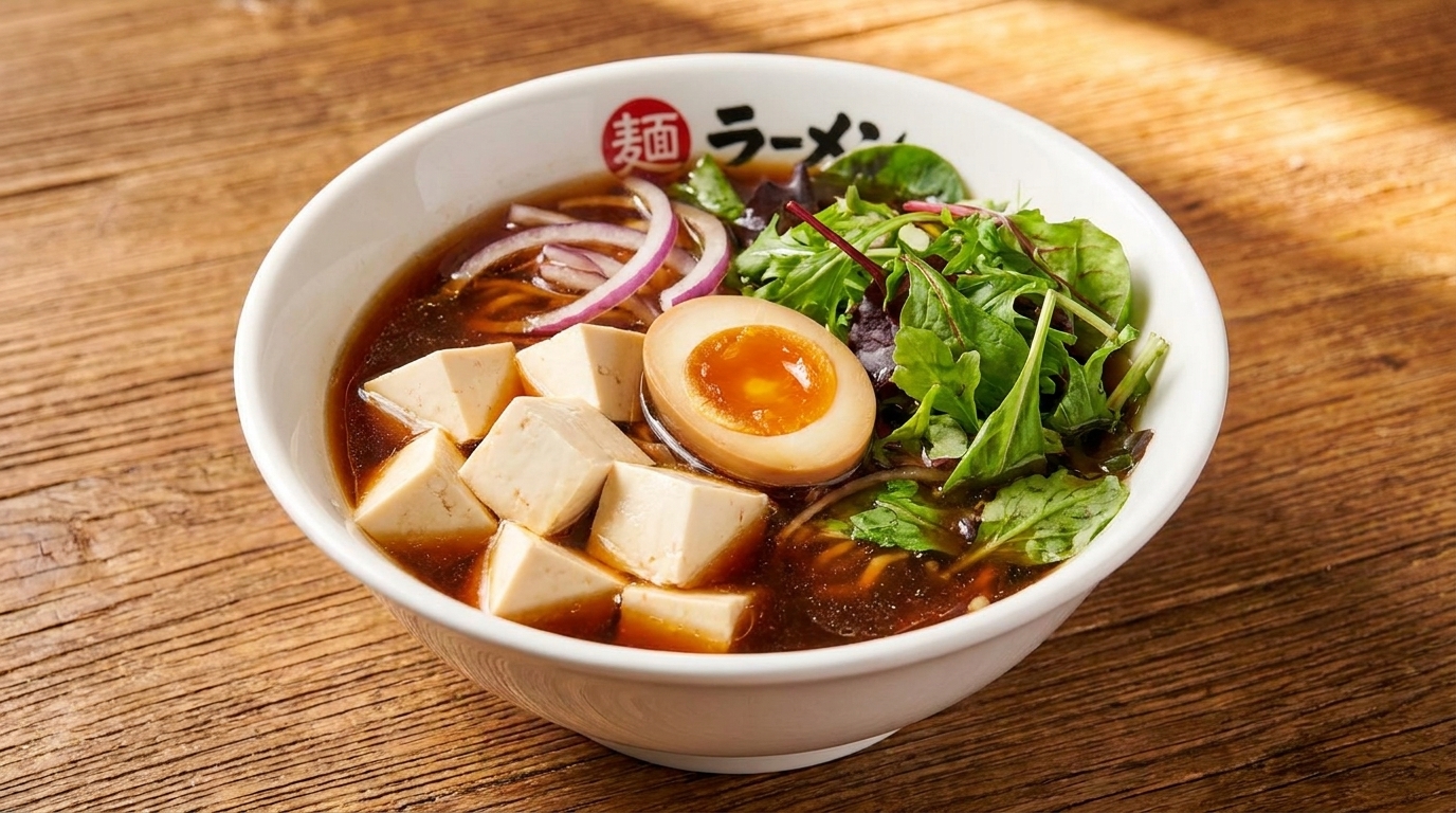 A bowl of ramen with tofu, a soft-boiled egg, red onions, and greens on a wooden table.
