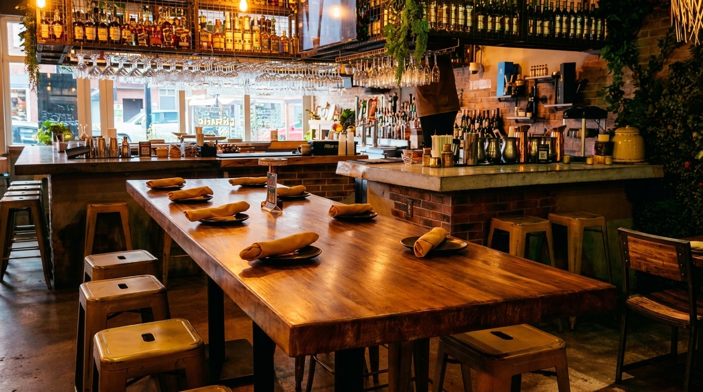 A long wooden communal table with place settings in a restaurant with a full bar.