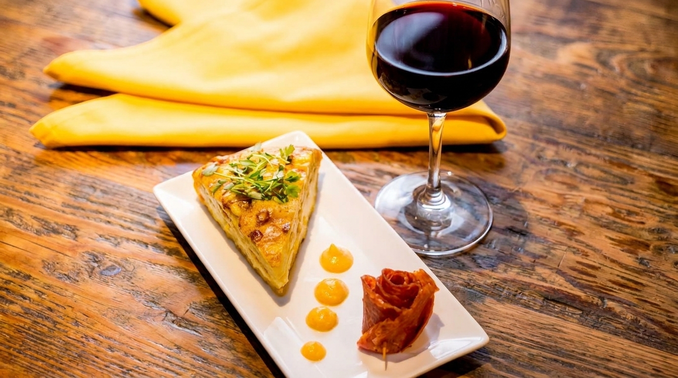 A slice of Spanish tortilla, a meat rose, and red wine on a rustic wooden table.