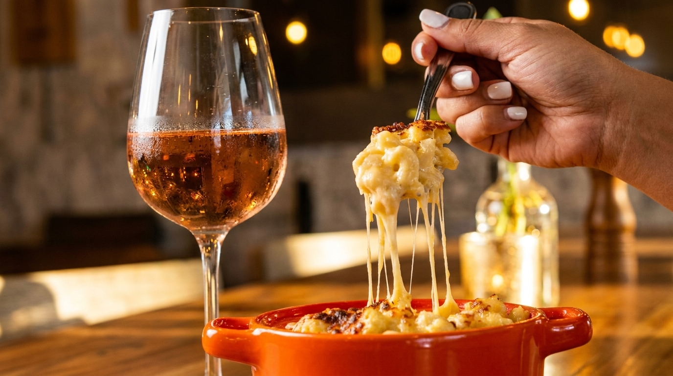 A hand spoons cheesy mac and cheese from an orange bowl next to a glass of rosé wine.