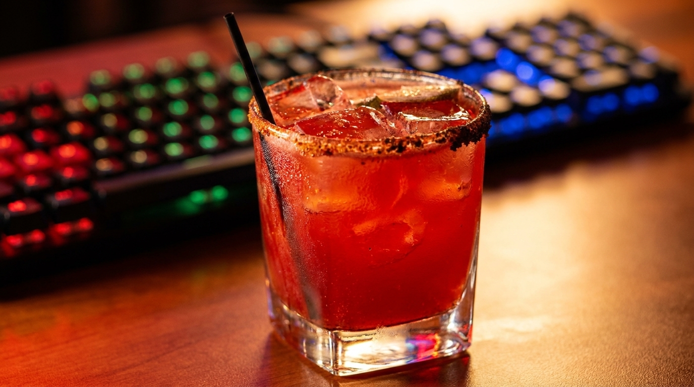 A red cocktail with a spiced rim and straw, with a blurred gaming keyboard in the background.