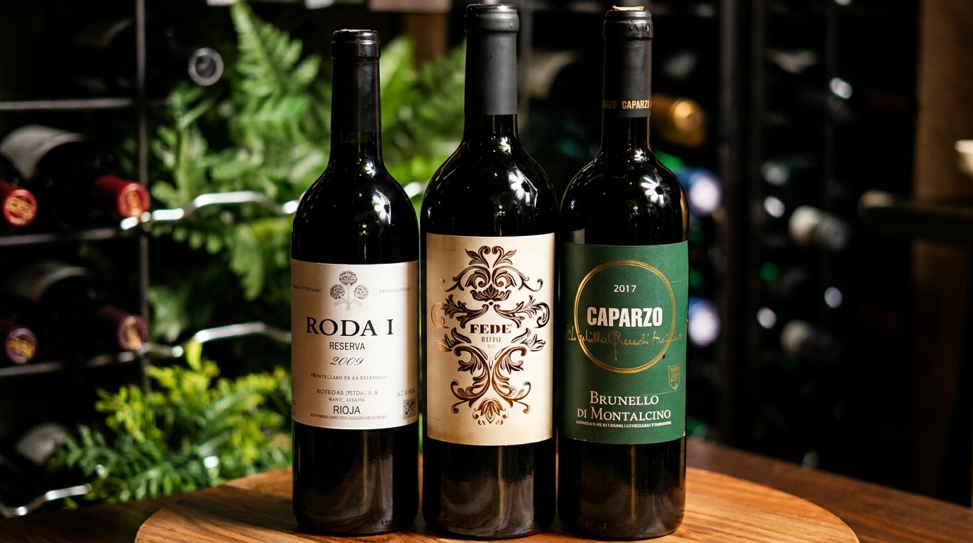 Three bottles of red wine, Roda I, Fede, and Caparzo, on a wooden surface.