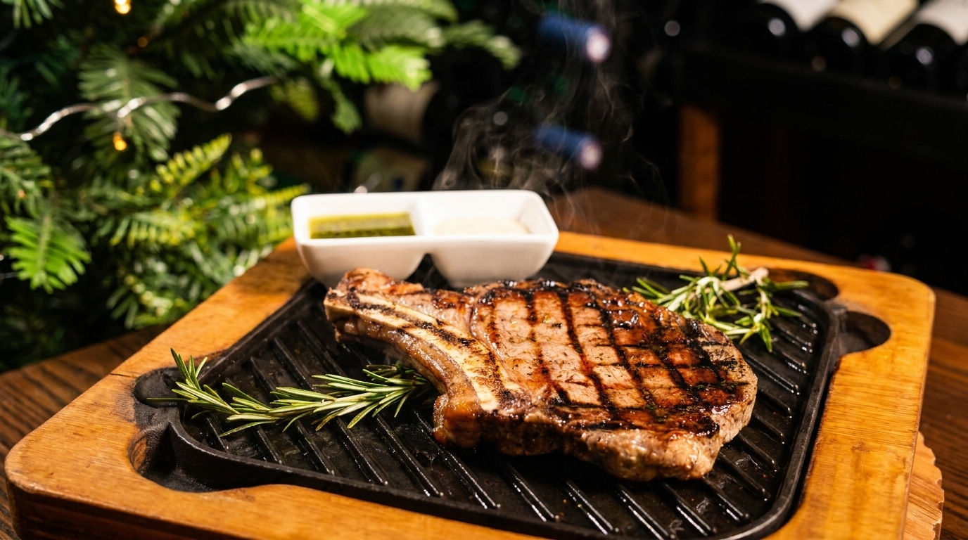 Steaming grilled steak with rosemary on a cast iron plate, with sauces and wine bottles in the background.