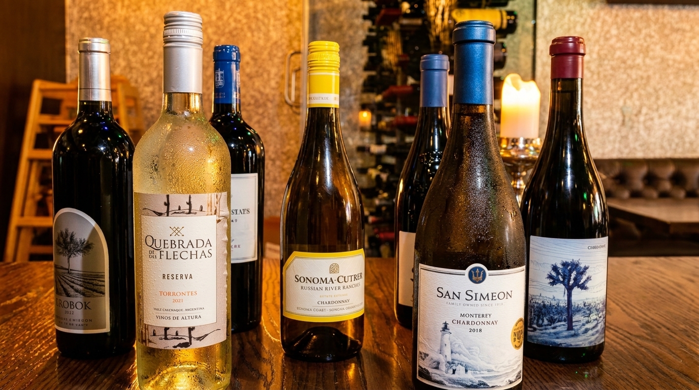 A collection of various wine bottles, including red and white, displayed on a wooden table.