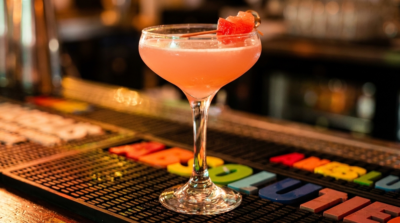 A pink cocktail in a coupe glass, garnished with watermelon, sits on a bar mat.