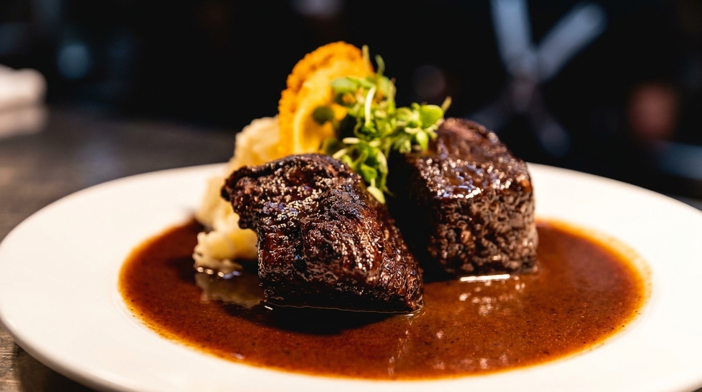 Braised short ribs with mashed potatoes, gravy, and microgreens on a white plate.