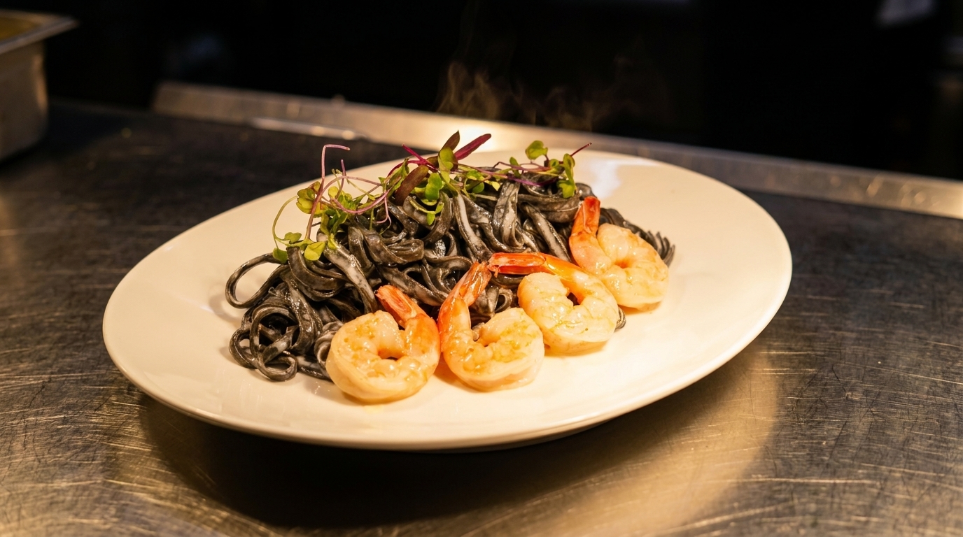 Steaming black squid ink pasta with four large shrimp and microgreens on a white plate.