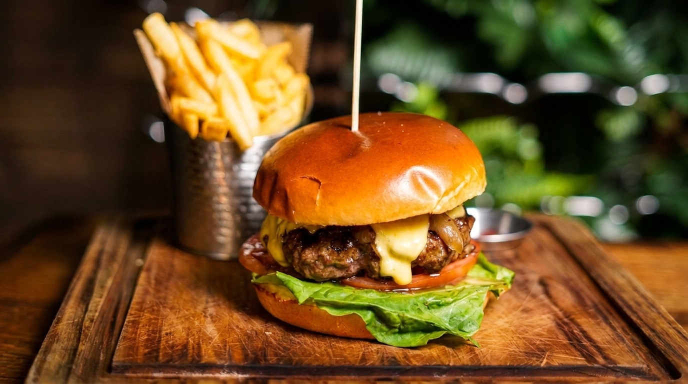 Cheeseburger with caramelized onions, lettuce, tomato, and a side of fries on a wooden board.