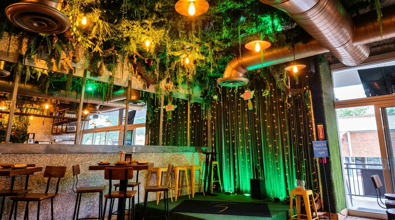 Restaurant interior with lush green foliage on the ceiling, warm lighting, and string lights on a green wall.