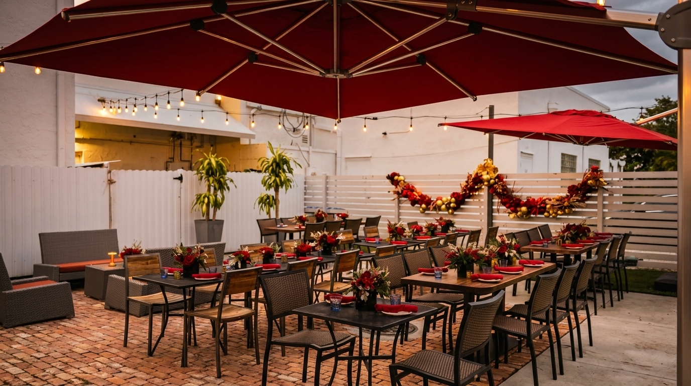 Outdoor restaurant patio with red umbrellas, string lights, and tables set with red floral centerpieces.