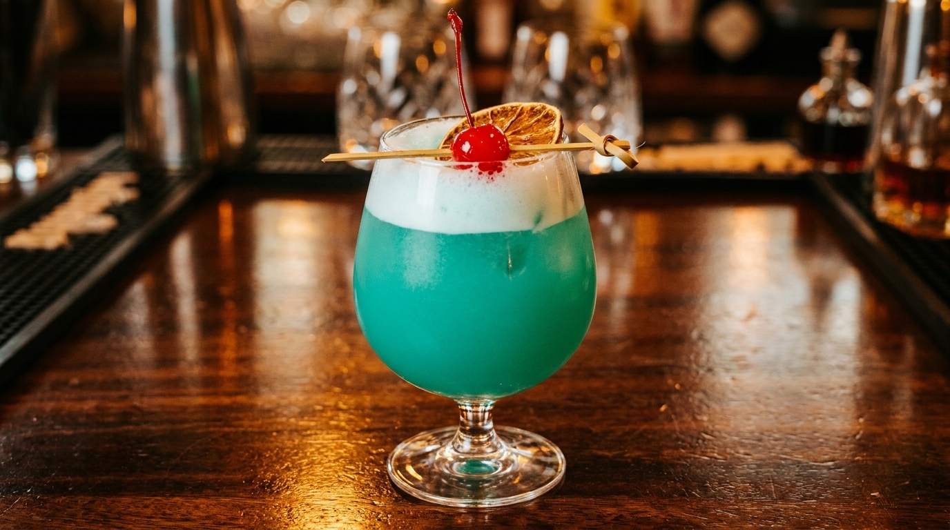 Blue cocktail with white foam, garnished with a cherry and dried orange slice on a bar.
