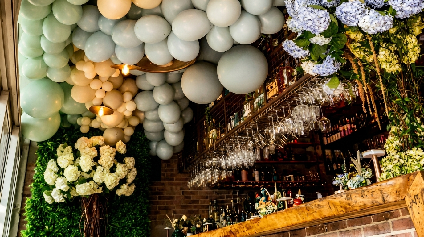 A restaurant interior with a ceiling covered in balloons, a bar, and floral decorations.