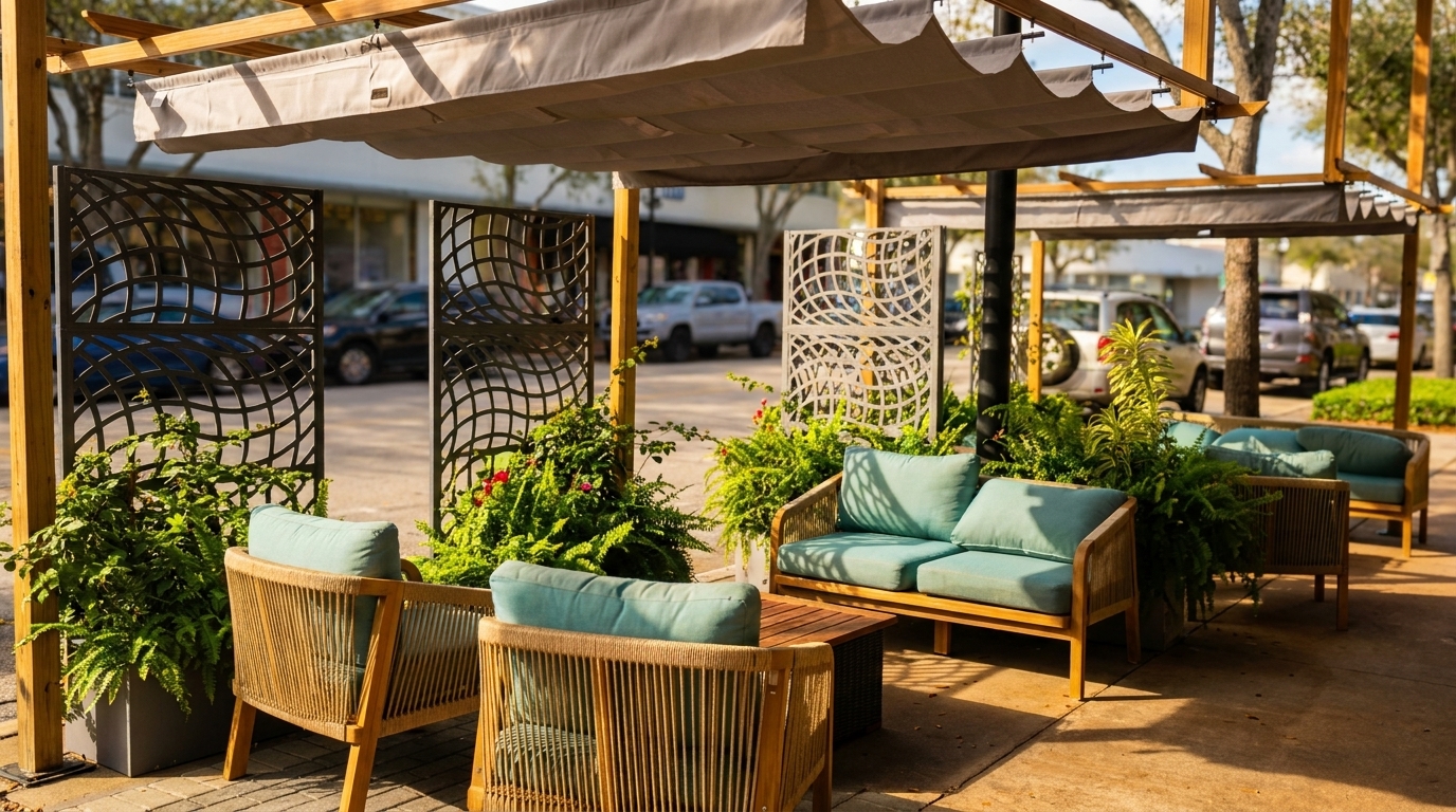 Outdoor patio seating with teal cushions, wooden furniture, decorative screens, and lush green plants.