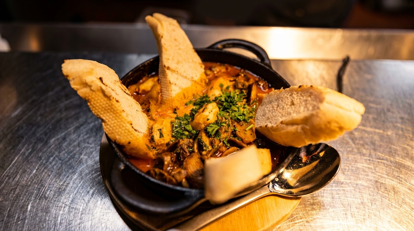 A cast iron skillet of seafood and mushrooms in sauce, garnished with parsley and baguette slices.