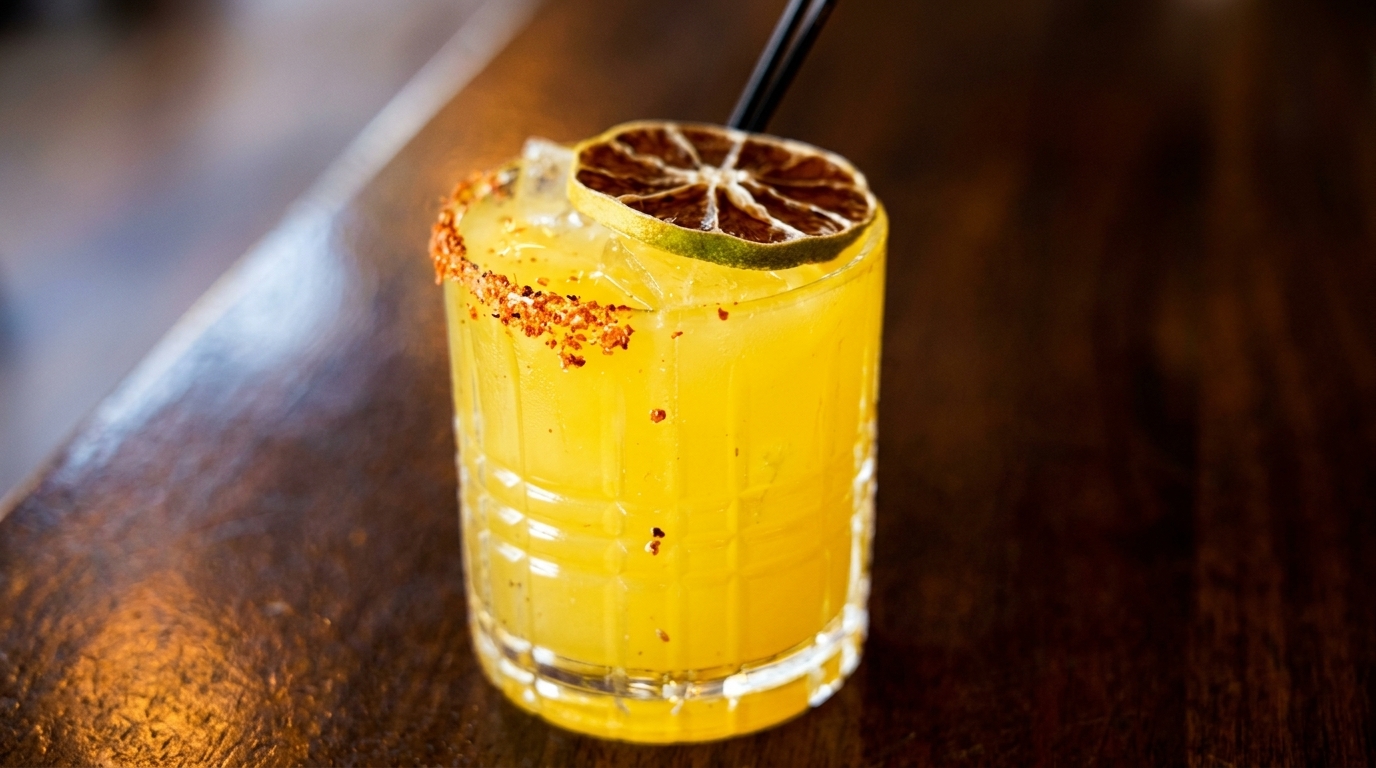 A vibrant yellow cocktail with a chili-salt rim, garnished with a dried lime slice and a black straw.