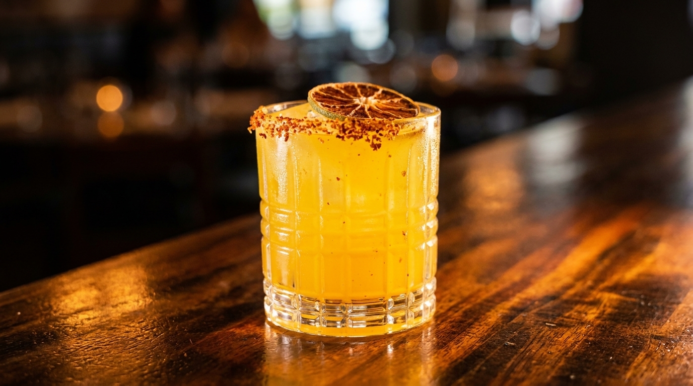 A vibrant yellow cocktail with a chili-salt rim and dried lime garnish on a wooden bar.
