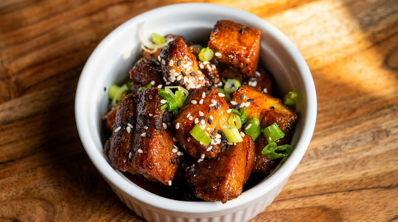 Crispy glazed tofu bites topped with sesame seeds and green onions in a white bowl.
