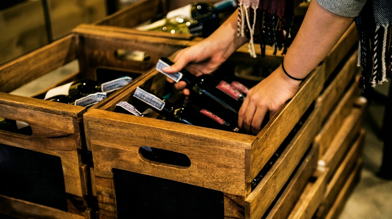 Hands arranging wine bottles in rustic wooden crates, showcasing a selection of wines.