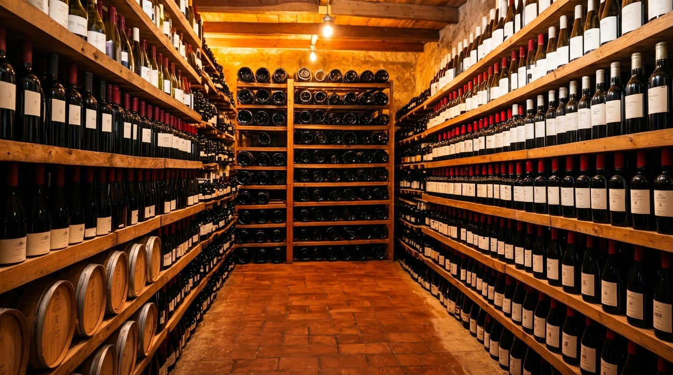 A rustic wine cellar with wooden shelves filled with numerous bottles of red wine and barrels.