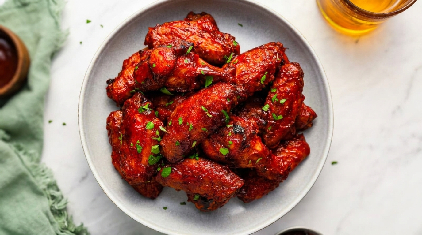 A bowl of glistening red chicken wings, garnished with fresh green herbs, on a white marble surface.