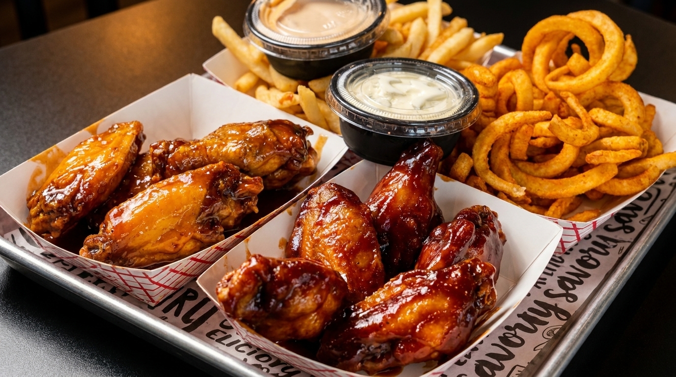 Two trays of chicken wings, one with curly fries and the other with regular fries, on a metal tray.